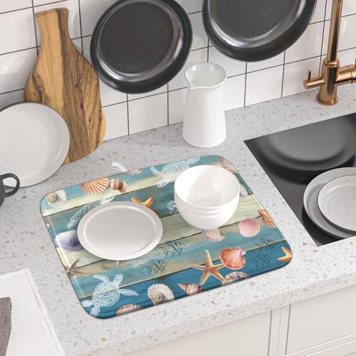 Coastal Starfish Dish Drying Mat Summer Sea Turtle Drainer Rack Mat Absorbent Microfiber Kitchen Countertop Protector Dishes Pad 16x18 inch (Starfish Turtle Wood / 16" x 18")