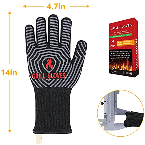 BBQ Gloves Oven Gloves 1472℉ Extreme Heat Resistant (Black / One Size Fits Most(Long Cuff))