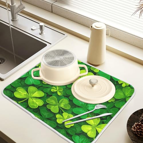 Patricks Day Shamrocks Lucky Clover Leaves Dish Drying Mat for Kitchen Counter Absorbent Microfiber Small Drying Pad Dish Mats for Kitchen Countertops 16 x 18 Inch (18" x 16")
