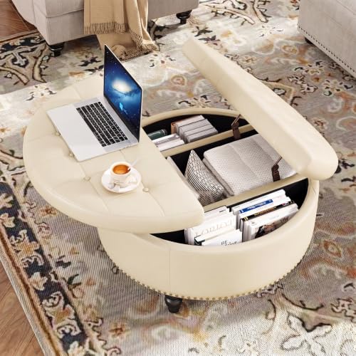 31.5" Large Round Ottoman with Storage Circular (Cream White)
