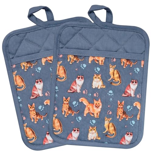 Pot Holders Set of 2 (Cat, Blue Potholders)