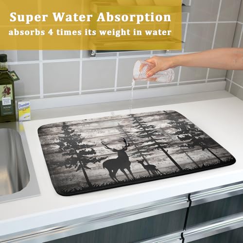Forest Deer Dish Drying Mat Wildlife Animal Decorative Microfiber Dishes Pad 18x24 Inch Absorbent Reversible Kitchen Counter Drainer Mats (Black Forest Deer / 18" x 24")