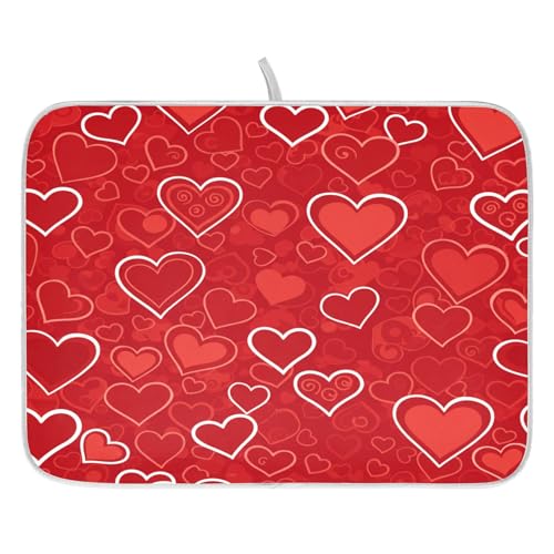 Red Hearts Cute Dish Drying Mat for Kitchen Counter Absorbent Microfiber Small Drying Pad Dish Mats for Kitchen Countertops 16 x 18 Inch (18" x 16")