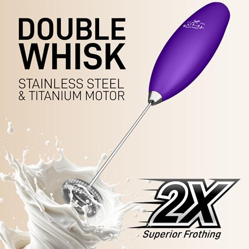 Powerful Milk Frother Wand With Duracell Batteries (Regal Purple / Double Whisk + Batteries)