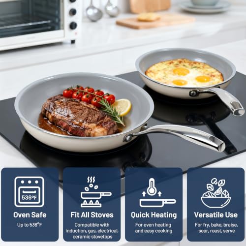 Ceramic Nonstick Frying Pans with Lids (Cream & Grey / 3 Pack with Lids)