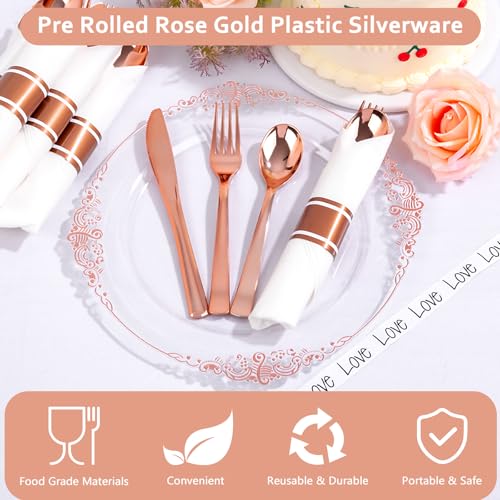 400PCS Pre Rolled Rose Gold Plastic Silverware Heavy Duty for Party (Rose Gold - Classic)