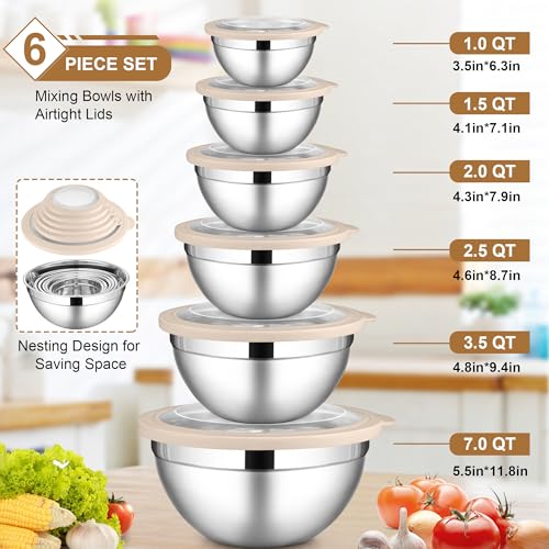 6 PCS Stainless Steel Mixing Bowls with Visible Lids for Cooking (12 Count)