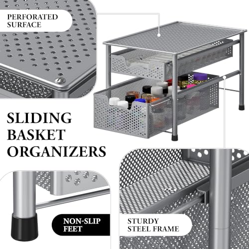 Stackable 2 Tier Sliding Basket Organizer Drawer (2-Tier / Silver)