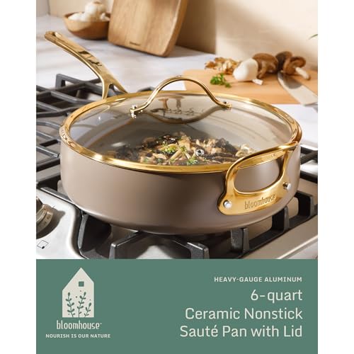 Non Stick Frying Pan (Cappuccino Cream w/ Gold Handle / Saute Pan w/ Lid (6-Quart))
