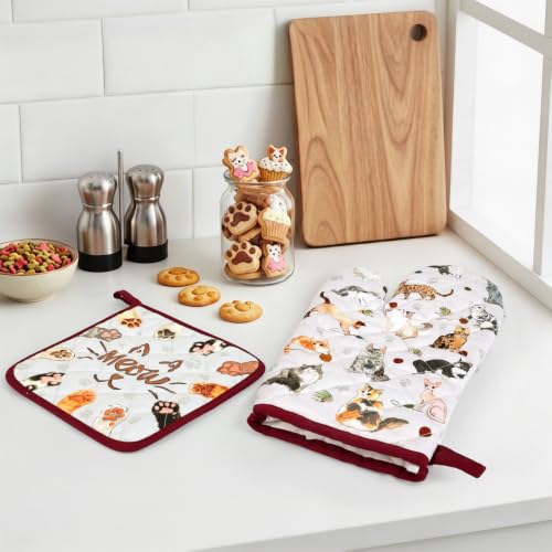 Cute Cat Oven Mitts and Pot Holders Set (Cat / Oven Mitt x1 & Pot Holder x1)