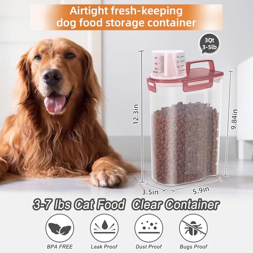 3-5Lbs/3Qt Dog Cat Storage Container Portable with Upgraded Large Spout and Cup. Plastic Pet Food Dispenser for Small Animal Kibble, Bird Seed, Oatmeal, Rice, Flour, Brown Sugart (Clear PInk) (Clear Pink / 3L-1pack)
