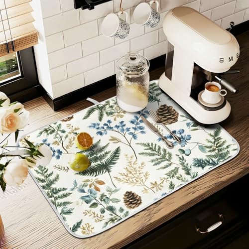Vintage Herbs Fern Leaves Floral Plant02 Dish Drying Mat for Kitchen Counter Absorbent Microfiber Small Drying Pad Dish Mats for Kitchen Countertops 16 x 18 Inch (18" x 16")