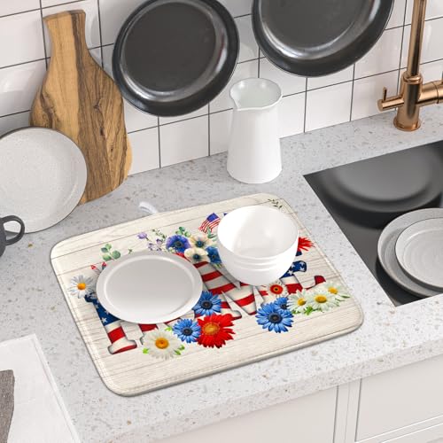 American Flag Dish Drying Mat Home Flowers Absorbent Dishes Pad for Kitchen Counter 16 X 18 In (Patriotic Home 605 / 18" x 16")