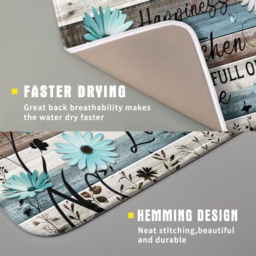 Daisy Floral Dish Drying Mat 16x18 Inches Rustic Wood Microfiber Absorbent Reversible Dish Draining Pad Fast Dry Kitchen Accessories (Home Happiness Wood / 16" x 18")