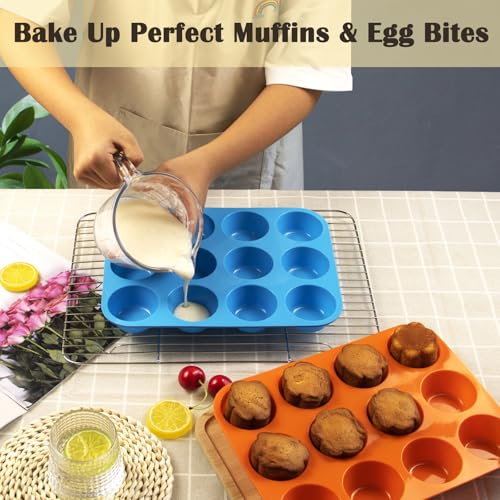 12 Cups Silicone Mini Muffin Pan Set (Set of 2--12 Cups (Blue+Orange))