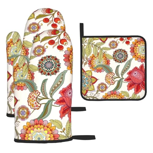 Boho Floral Oven Mitts and Pot Holders Sets of 3 Colorful Flower (Boho Floral)