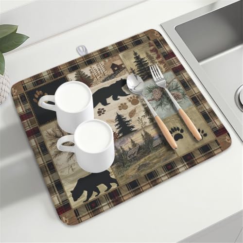 Black Bear Dish Drying Mat Forest Cabin Decorative Dishes Pad 16x18 Inch Absorbent Fast Dry Dish Drainer Rack Mats for Kitchen Counter Sink (Black Bear / 16" x 16")