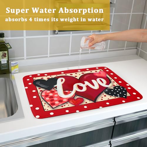 Love Heart Dish Drying Mat 18"x24" Red Dots Microfiber Dish Rack Mat Holiday Absorbent Fast Dry Draining Pad for Kitchen Counter Bar Sinks (Love Heart / 24" x 24")