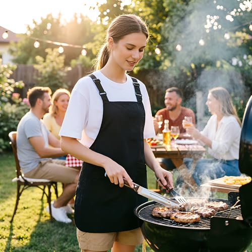 Waterproof Reversible Adjustable Bib Apron with 6 (6 Pockets Black)