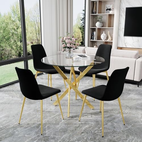 36" Round Glass Dining Table Set for 4 (Gold Round Table/Black Velvet Chairs / 5 Pieces)