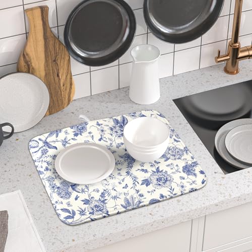 Chinoiserie Flower Dish Drying Mat Blue Leaves Dishes Drying Pad Reusable Washable Kitchen Countertop Protector Dish Drainer Mat 16x18 Inch (Chinoiserie Flower / 16" x 18")