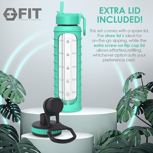 32 oz Glass Water Bottle with Time Marker (Ribbed Seafoam Sleeve)