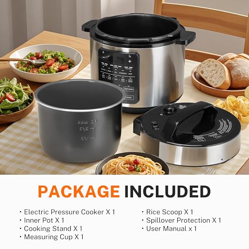 14-in-1 Electric Pressure Cooker - 6QT Stainless Steel Slow & Rice Cooker, Steamer, Sauté, Yogurt Maker, Multi-Cooker with Dishwasher-Safe & Non-Stick (Stainless Steel/Black 6Qt / 6 Quarts)