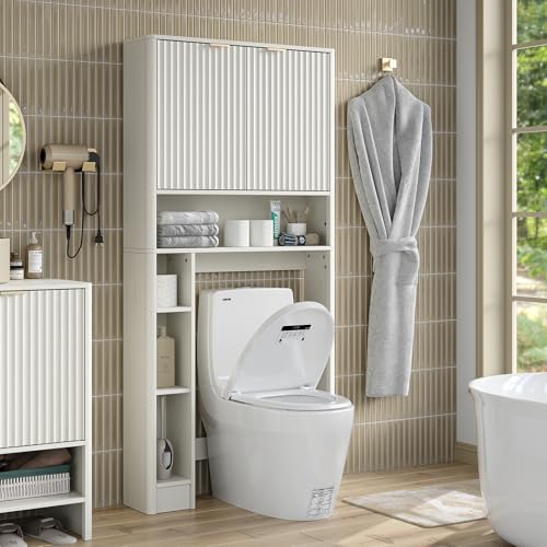 Fluted Over The Toilet Storage Cabinet 31''W Modern Above Toilet Storage Cabinet with Fluted Doors & Adjustable Shelf for Bathroom (White / Fluted Doors Over Toilet Cabinet)