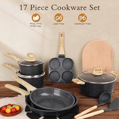 Ceramic Pots and Pans Set Non Stick (Dark Gray / 17 Pieces)