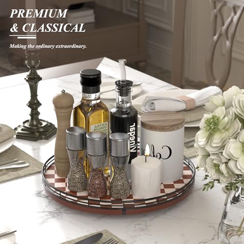13 Inch Brown White Checkerboard Lazy Susan with Black Metal Rail (Brown & White / 13 inches)