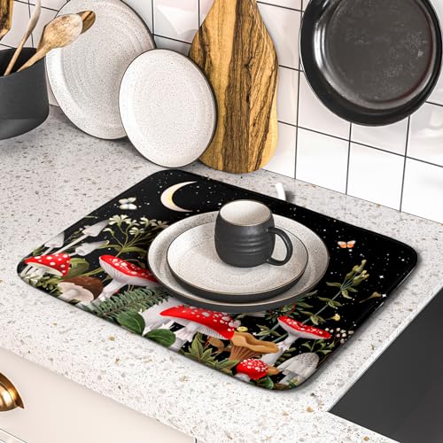 Red Mushroom Dish Drying Mat for Kitchen Counter Plant Leaves Drainer Mats Rack Holder Countertop Absorbent Microfiber Coffee Pads 16x18 Inch (Red Mushroom / 16" x 18")