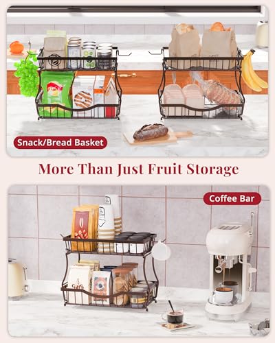 Large 2 Tier Fruit Basket for Kitchen Counter with 2 Banana Hangers (Bronze)