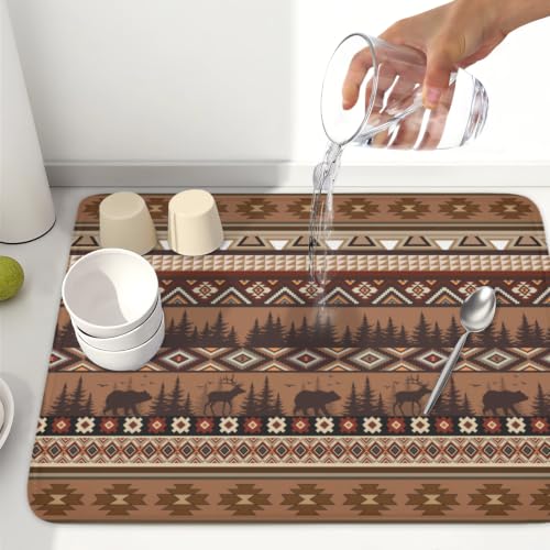 Rustic Bear Deer Dish Drying Mat Boho Ethnic Drainer Rack Pad 18x24 Inch Microfiber Absorbent Dish Sink Mat for Counter Kitchen Tableware (Rustic Bear Deer / 18x24 inch)