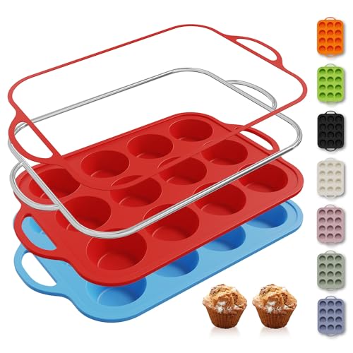 2 Packs 12 Cups Silicone Muffin Pan with Metal Reinforced Frame Regular Size Cupcake Pan Tray Silicone Molds Muffin Tin Tart Pans Moldes Para Gelatinas De Figuras Grandes Individuales Hornear Pasteles (2pc: 12-Cup Regular / Red & Blue)