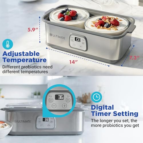 Probiotic Yogurt Maker with Adjustable Time & Temperature Control (With Two 1-Quart Containers)