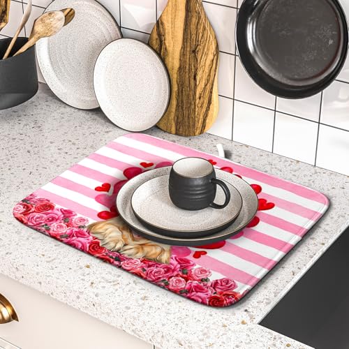 Valentine's Day Dog Dish Drying Mat for Kitchen Counter 16x18 inch Heart Rose Absorbent Dish Drainer Rack Mats for Coffee Bar Countertop (Heart Rose Dog / 16" x 18")