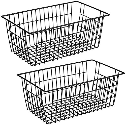 Freezer Baskets Metal Storage Organizer Bin Basket Wire Storage Basket for Kitchen Pantry Bathroom Large Metal Farmhouse Food Fruit Produce Organizer Bins (2-P / Black)