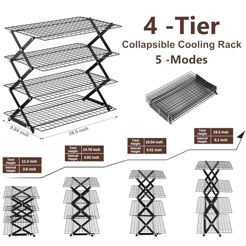 2/3/4-Tier Collapsible Cooling Rack - 3 Setting Design, Adjustable ＆ Stackable Baking Rack, 5 Modes Cooling Racks for Cooking and Baking, Roasting ＆ Grilling Gifts for Picnic Party