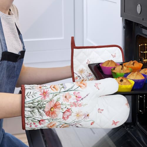 Pink Floral Oven Mitts and Pot Holders Sets 4Pcs (Pink Floral / Oven Mitt x2 & Pot Holder x2)