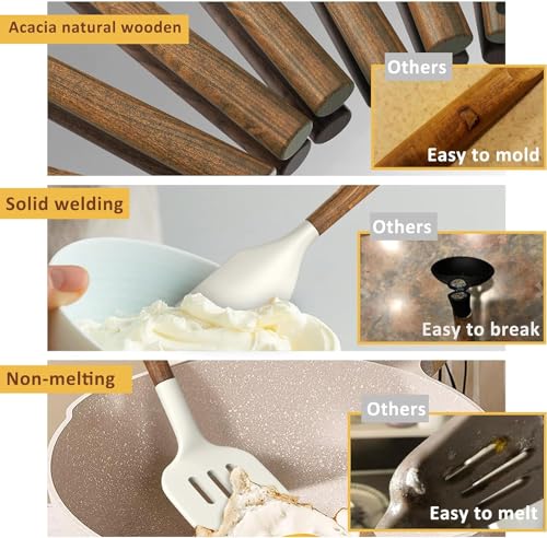 Non Stick Silicone Kitchen Utensils Set with Natural Acacia Hard Wood Handle (White)