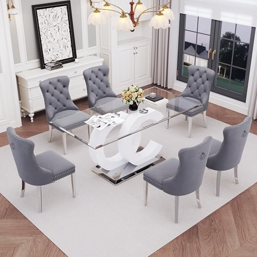 7 Piece Glass Dining Table Set for 6 (White Table & Silver Grey Chair / 7-Piece Set-OC-Shaped Table)