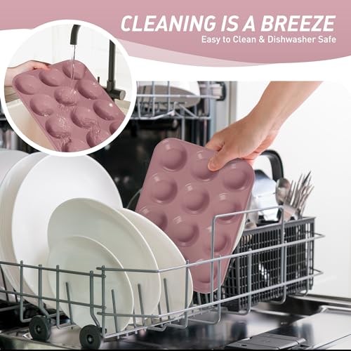 2 Pack 12 Cups Muffin Pan with Metal Reinforced Frame Regular Size Silicone Molds Cupcake Cake Baking Pans Cookie Baking Chocoflan Cupcake Mold Silicone Egg Bite Molds Baking Items Stuff (2pc: 12-Cup Regular / Morandi Pink)