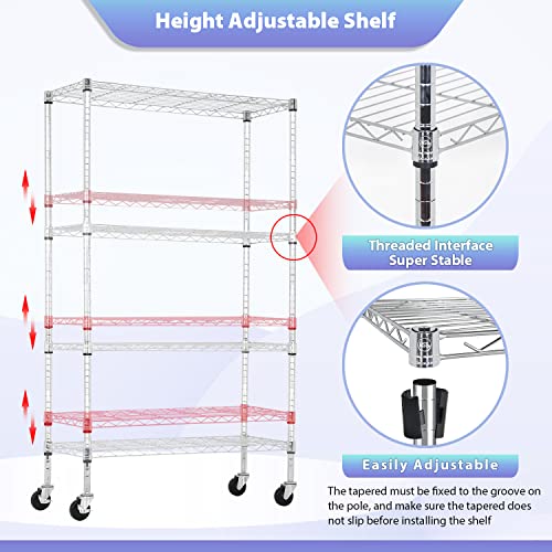 4 Tier Wire Shelf with Wheels (Chrome / 36×14×62)