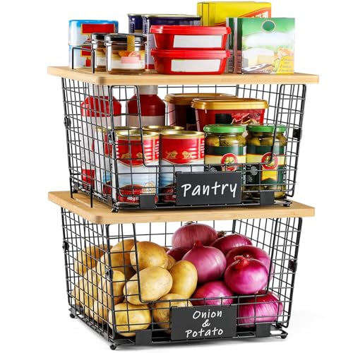 2 Set XXL Stackable Wire Basket with Bamboo Tops & Tag (XXL)