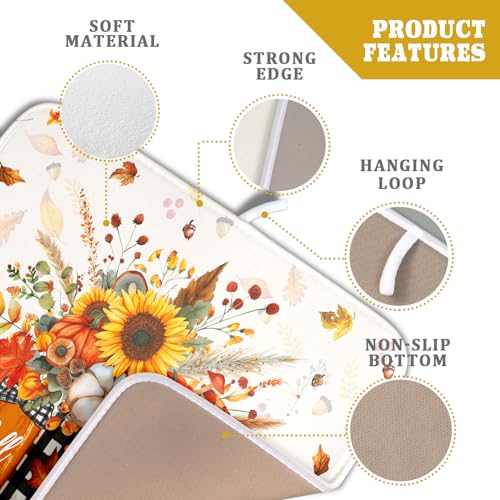 Autumn Pumpkin Dish Drying Mat 16x18 Inch Sunflower Flower Vase Washable Draining Mat with Hanging Loop Seasonal Holiday Home Decoration (Pumpkin Vase / 16" x 18")