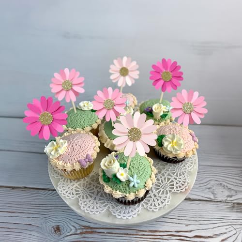 24Pcs Daisy Cupcake Toppers Flower Cake Topper Decorations Daisy Cake Decorations Chrysanthemum Cupcake Toppers Spring Daisy Flower Cake Picks for Birthday Wedding Supplies Rose Red Pink (24 Count)