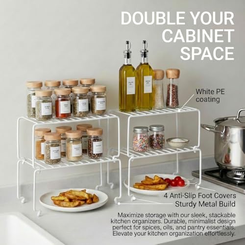 4-Pack Small (10.8x5.3inch) White Stackable Shelf Organizer Rack, Wire Shelf Rack for Kitchen Cabinet, Pantry, Desk Organization and Storage, Rustproof (Small Stackable / 4-PACK)