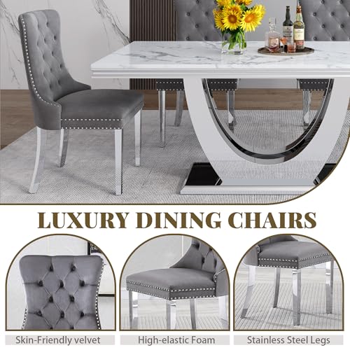 Marble Dining Table Set for 4 (Silver-white & Grey Chairs / 5-piece (Table + 4 Chairs))