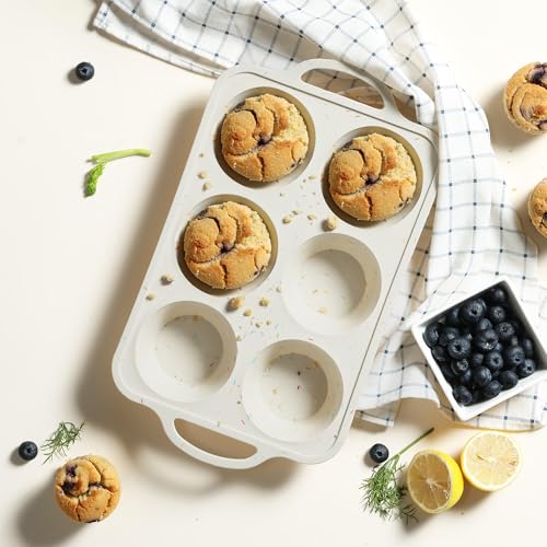 2 Packs 6 Cups Silicone Muffin Pan with Metal Reinforced Frame Jumbo Size Cupcake Pan Tray Egg Bites Silicone Circle Cookie Molds Muffin Tin Tart Pans Large Big Baking Sheet Set for Breakfast (Jumbo / Cream)