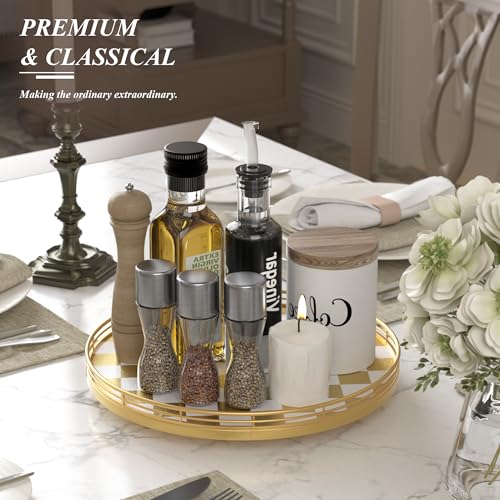 13 Inch Gold and White Checkerboard Lazy Susan with Rubberwood Base (Gold & White / 13 inches)
